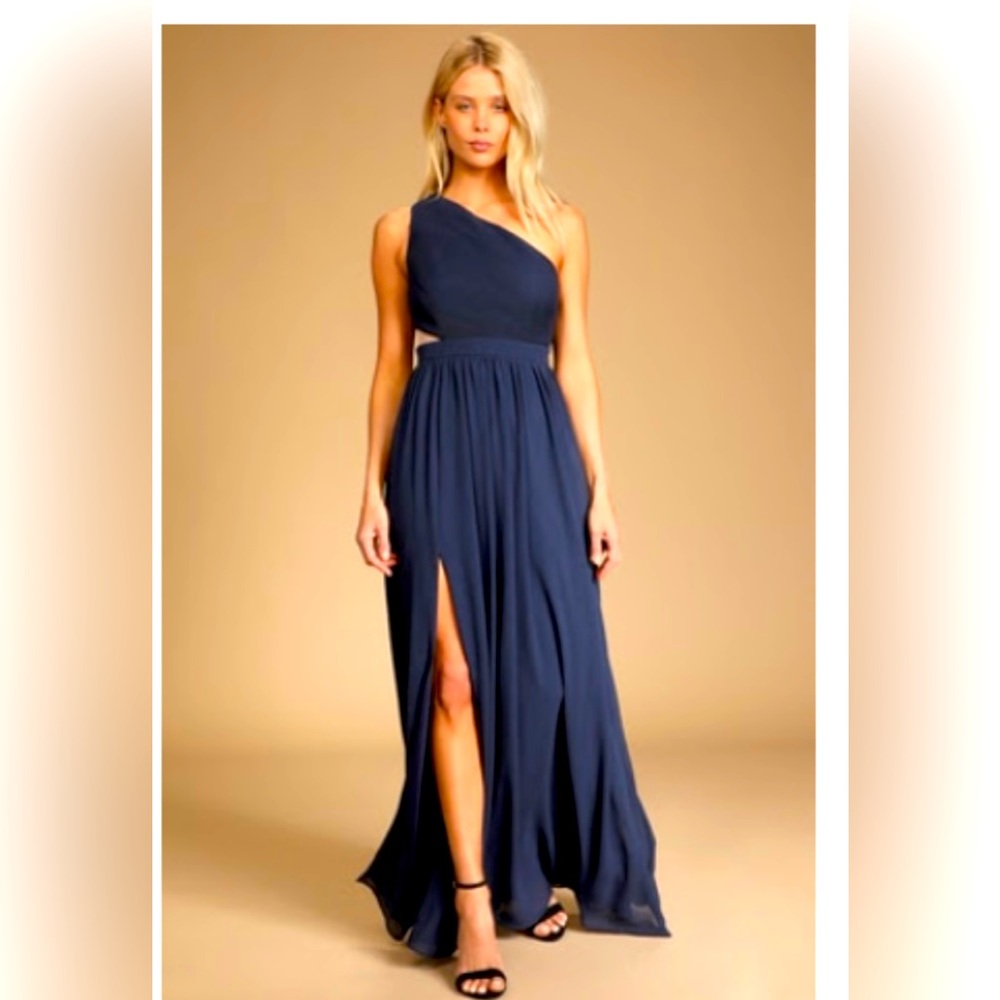One shoulder strap formal navy chiffon maxi dress